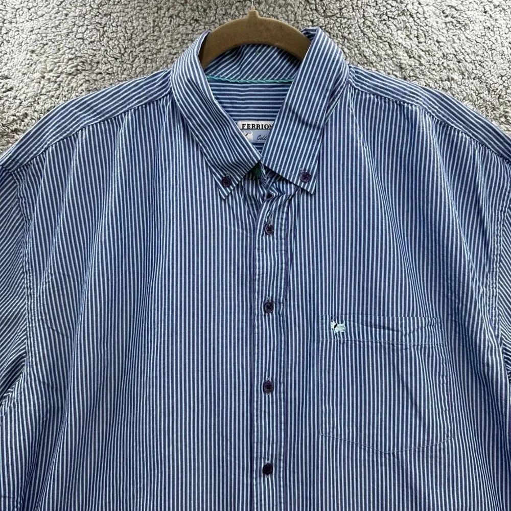 Ferrioni Collection Mens XL Blue White Striped Short Sleeve Button Down Shirt